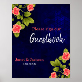 Dark Blue und Coral Rose Gästebuch-Zeichen Poster