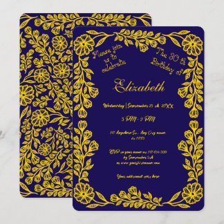 Dark Blue und Gold Botanical Floral 30. Geburtstag Einladung