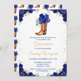 Dark Blue und Gold Floral Cowboy Boot Quinceañera Einladung