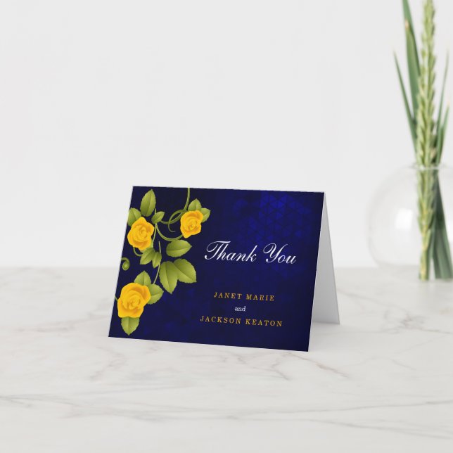 Dark Blue und Marigold Yellow Rose Wedding Dankeskarte (Vorderseite)