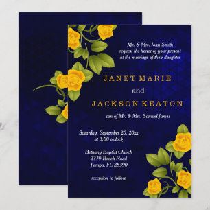 Dark Blue und Marigold Yellow Rose Wedding Einladung