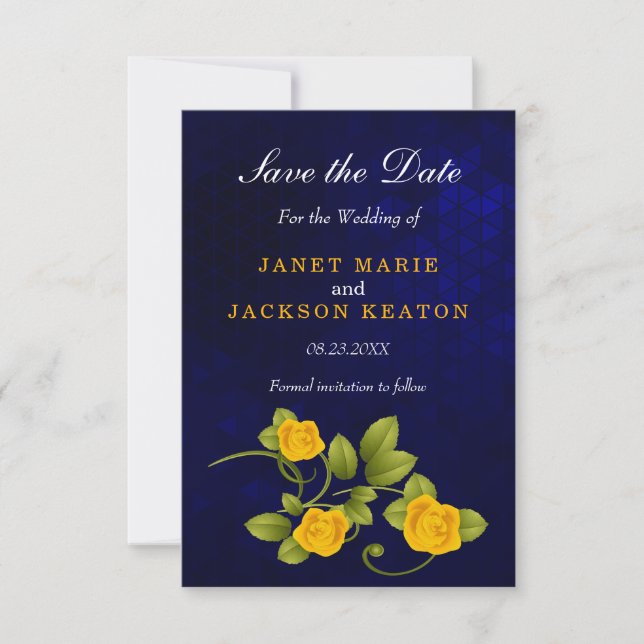 Dark Blue und Marigold Yellow Rose Wedding Save The Date (Vorderseite)