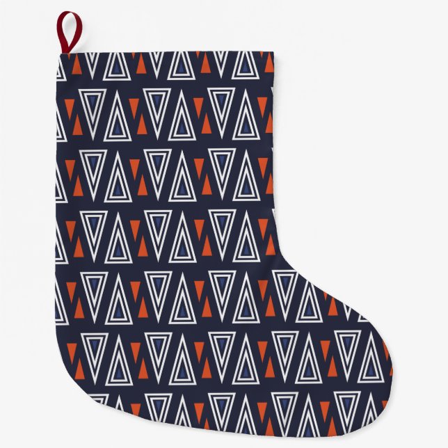 Dark Blue und Red Geometric Triangle Pattern Großer Weihnachtsstrumpf (Vorderseite)