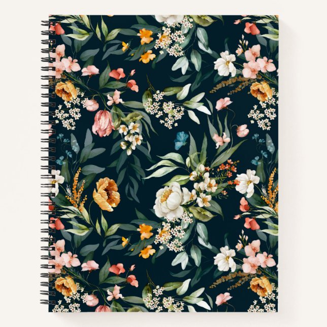 Dark Blue Vintag Style Garden Blume Muster Notizbuch (Vorderseite)