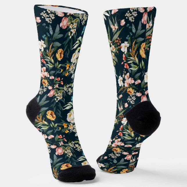 Dark Blue Vintag Style Garden Blume Muster Socken (Gewinkelt)