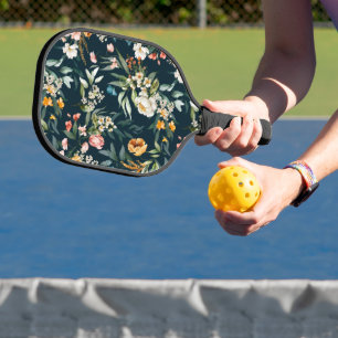 Dark Blue Vintage Style Garden Flower Pattern Pickleball Schläger