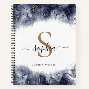 Dark Blue Watercolor Gold Monogram Script Notebook Notizbuch