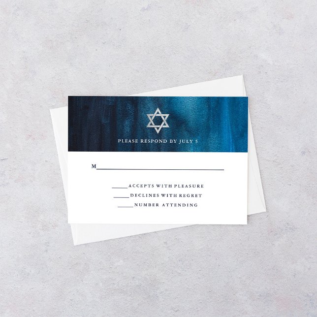 Dark Blue Watercolor Look Bar Mitzvah UAWG RSVP Karte (Von Creator hochgeladen)