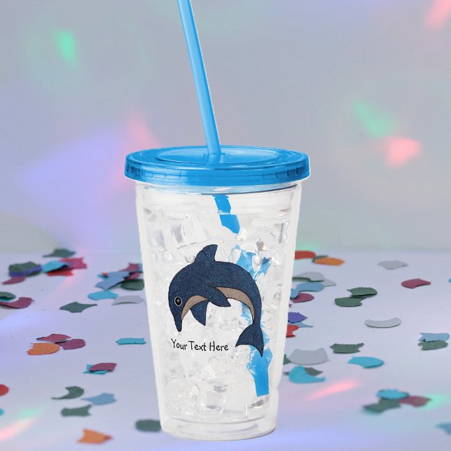 Dark Blue White Bly Sparkle Dolphin Jumping Acryltrinkbecher (Cute sparkle look dark blue and white jumping dolphin on acrylic drinking tumbler with straw.)