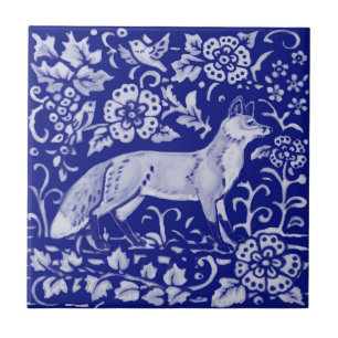 Dark Blue White Fox Bird Woodland Bauernhof 4 1/4" Fliese