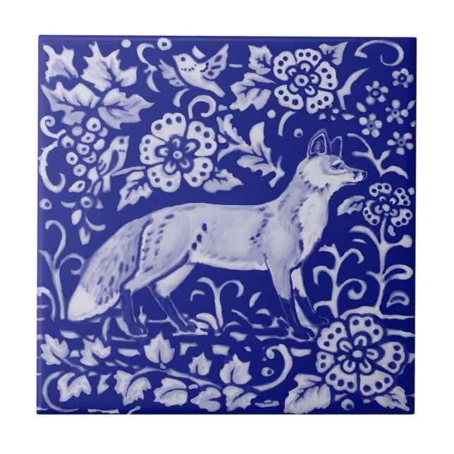 Dark Blue White Fox Bird Woodland Bauernhof 4 1/4" Fliese (Vorderseite)