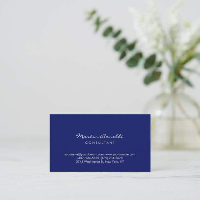 Dark Blue White Minimalist Script Plain Simple Visitenkarte (Stehend Vorderseite)
