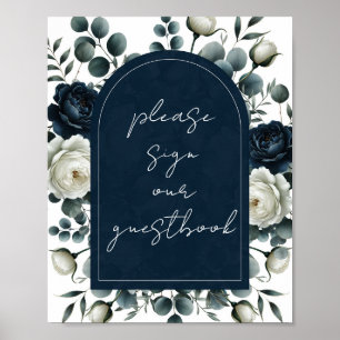 Dark Blue & White Modern Floral Gästebuchunterschr Poster