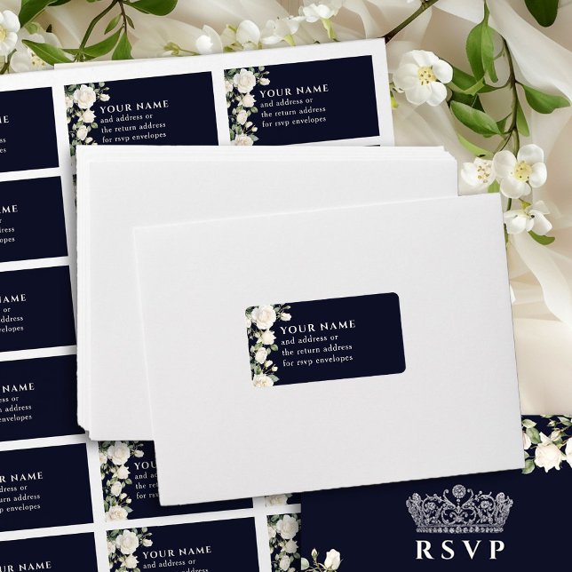 Dark Blue White Roses UAWG Envelope Adresse Adressaufkleber (RSVP envelope address labels from Princess Dress and Roses Quinceanera collection by Darling & May)