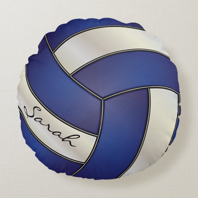 Dark Blue & White Sport Volleyball | DIY Name Rundes Kissen (Vorderseite)