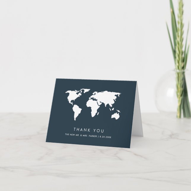Dark Blue World Map | Elegante Hochzeit zum Thema  Dankeskarte (Vorderseite)