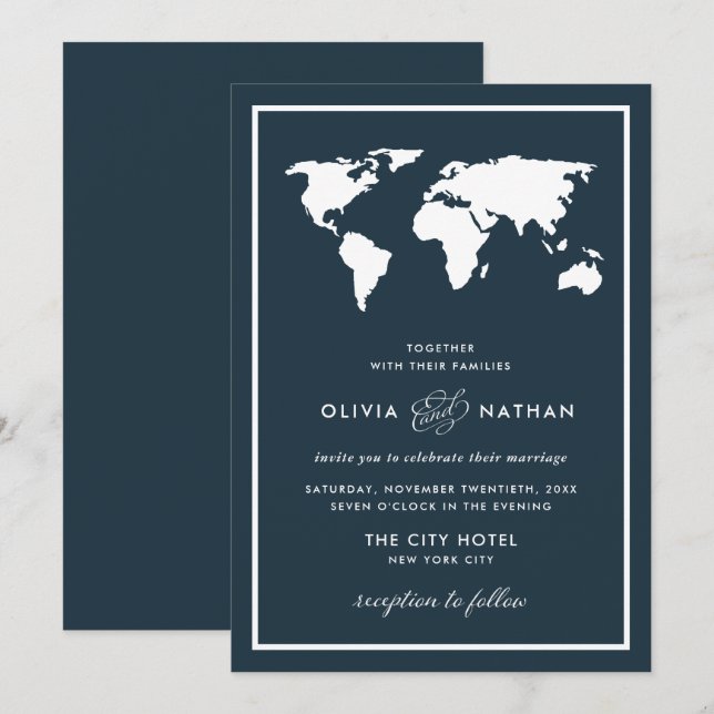 Dark Blue World Map | Elegante Hochzeit zum Thema  Einladung (Vorne/Hinten)