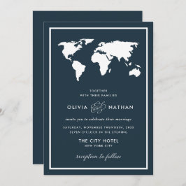 Dark Blue World Map | Elegante Hochzeit zum Thema  Einladung