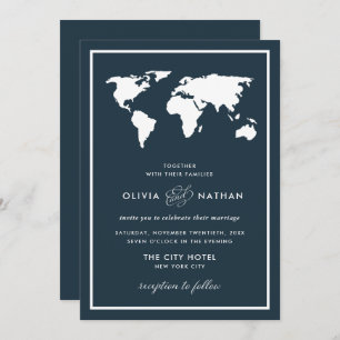 Dark Blue World Map Elegante Hochzeit zum Thema Einladung