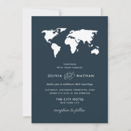 Dark Blue World Map | Elegante Hochzeit zum Thema  Einladung