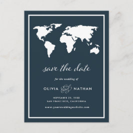 Dark Blue World Map | Elegante Reise Save the Date Ankündigungspostkarte