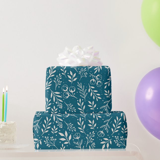 Dark Blue Wrapping Paper Roll Botanical Pattern Geschenkpapier (Partygeschenke)