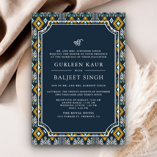Dark Blue Yellow Ikat Anand Karaj Sikh Wedding Einladung (Von Creator hochgeladen)