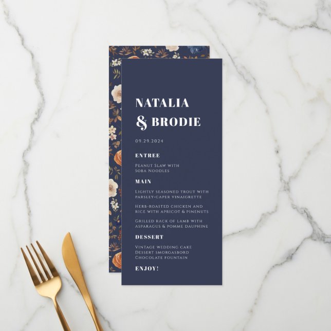 Dark Boho Navy Terracotta Wedding Menu Menükarte (Vorderseite/Rückseite Beispiel)