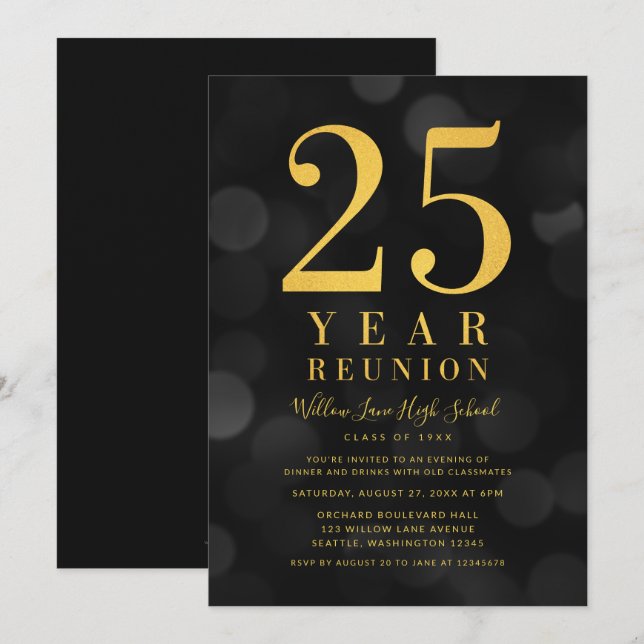 Dark Bokeh Lights 25-Jahres-Wiedersehen Einladung (Vorne/Hinten)