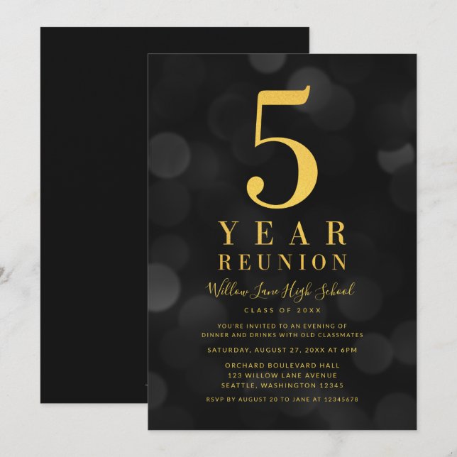 Dark Bokeh Lights 5-Jahres-Wiedersehen Einladung (Vorne/Hinten)