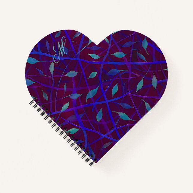 Dark Botanical Burgundy Jewel Foliage Monogram Notizbuch (Vorderseite)