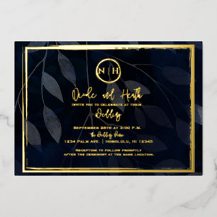 Dark Botanical Elegant Navy Blue & Gold Wedding Folieneinladung