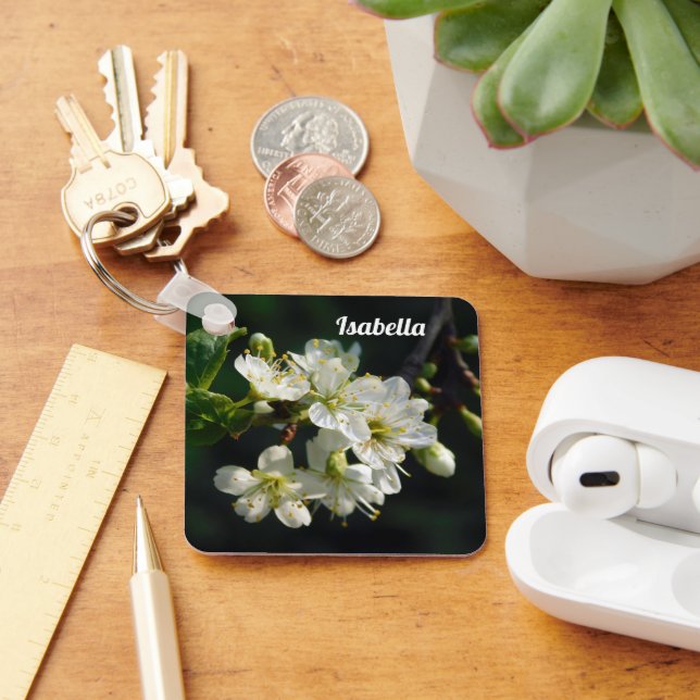 Dark Botanical White Plum Blossom Acrylic Keychain Schlüsselanhänger (Schreibtisch)