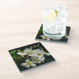 Dark Botanical White Plum Blossom Glass Coaster Glasuntersetzer