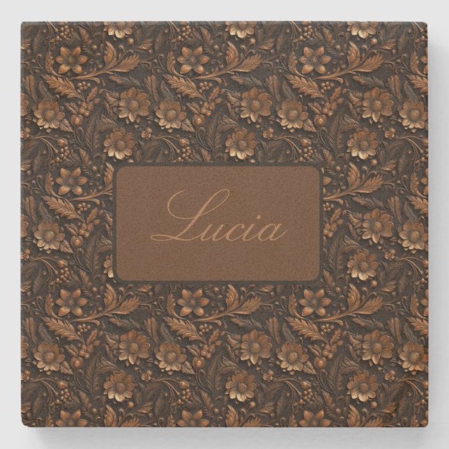 Dark Bronze Embossed Floral Personalisiert Steinuntersetzer (Vorderseite)