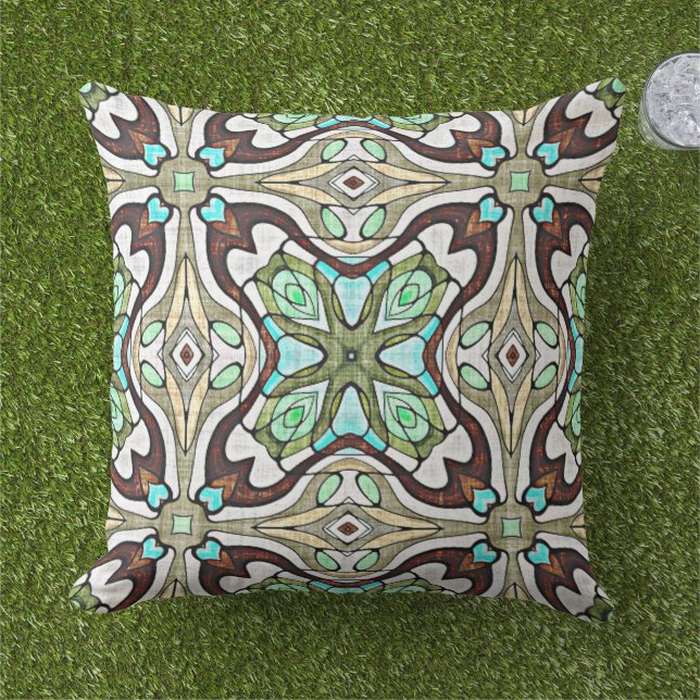 Dark Brown Aqua Türkis Blue Green Tribal Art Kissen (Gras)
