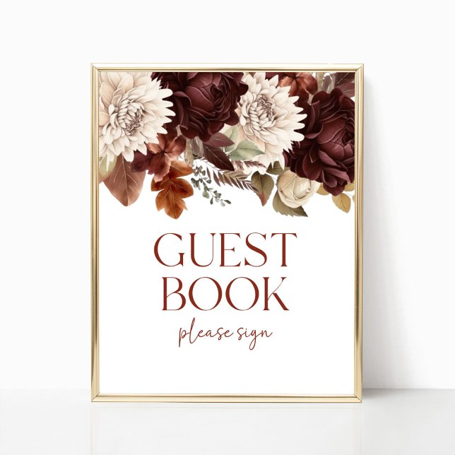 Dark Brown Burgundy Floral Guest Book Party Sign Poster (Von Creator hochgeladen)
