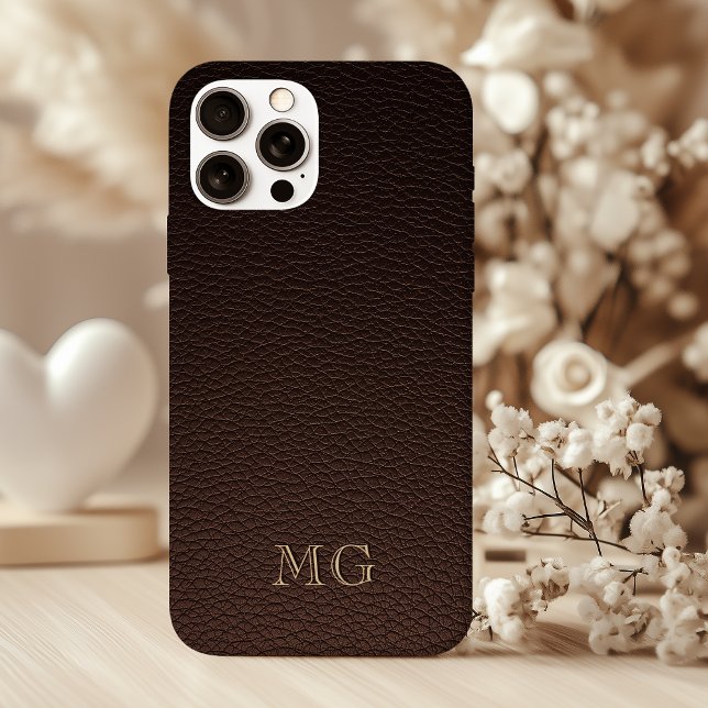 Dark Brown Faux Leather and Gold Monogram Initials Case-Mate iPhone Hülle (Von Creator hochgeladen)