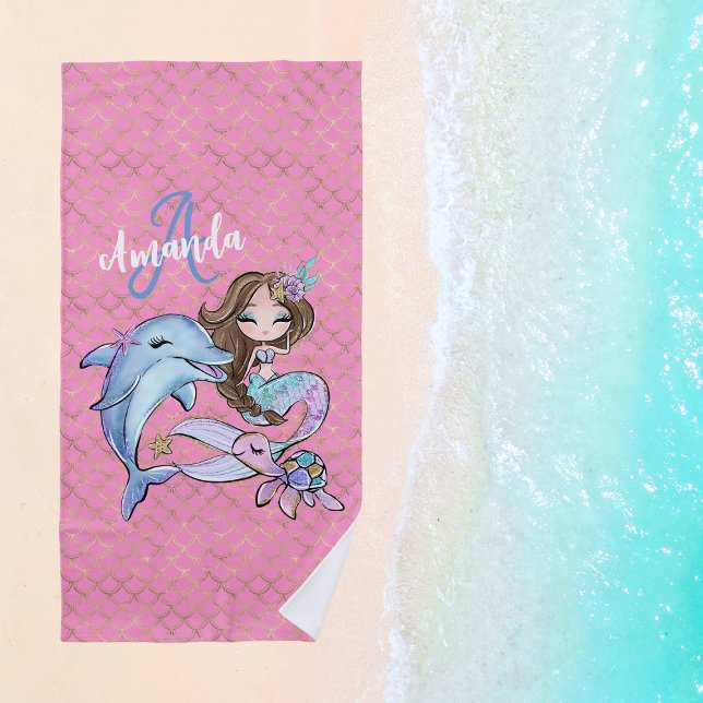 Dark Brown Hair Mermaid Individuelle Name Girl Pin Strandtuch (Dark Brown Hair Mermaid Custom Name Girl Pink Beach Towel
)