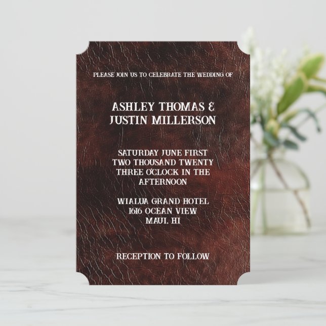 Dark Brown Imitats Leather Wedding Einladung (Stehend Vorderseite)