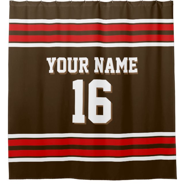Dark Brown mit Red White Stripes Sports Jersey Duschvorhang (Vorderseite)