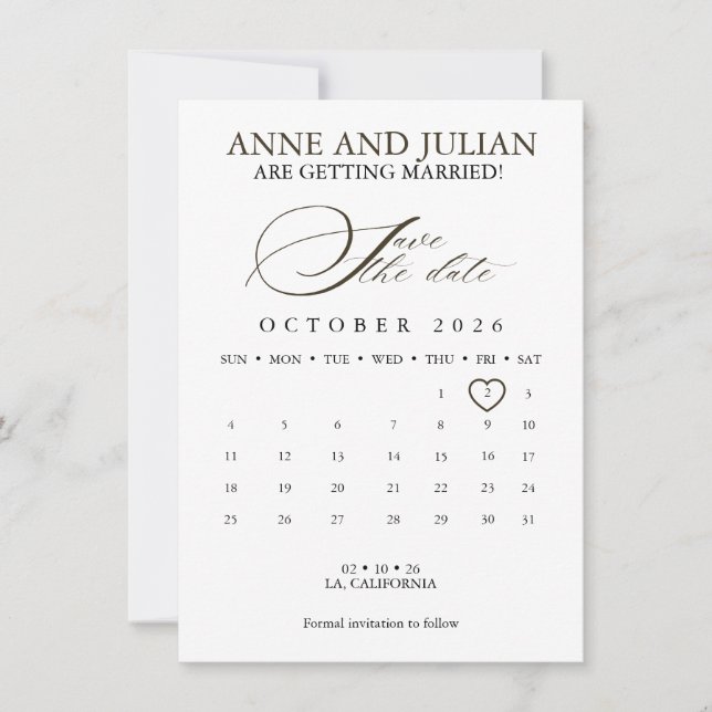 Dark Brown Save the date card calendar & photo (Vorderseite)
