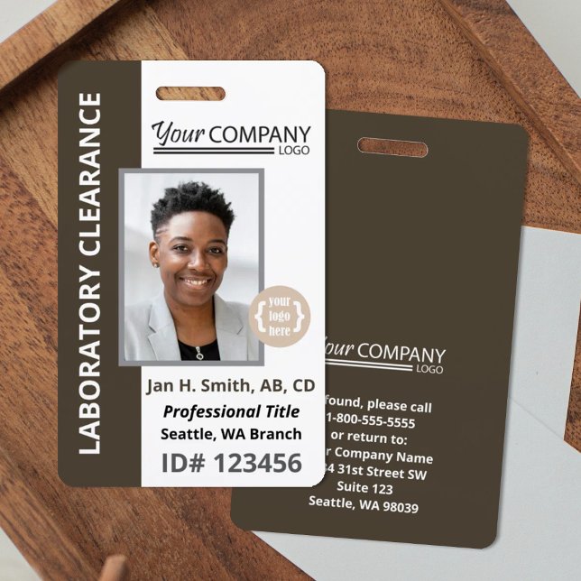 Dark Brown, White Company Entry Employee Foto ID Ausweis (dark brown company badge, photo and logo employee identification entry badge, grayish brown, taupe)