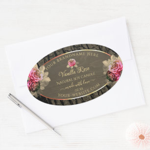 Dark Brown Wood Grain Pink Roses Produktkennzeichn Ovaler Aufkleber