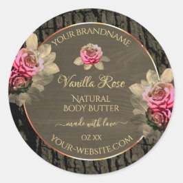 Dark Brown Wood Grain Pink Roses Produktkennzeichn Runder Aufkleber