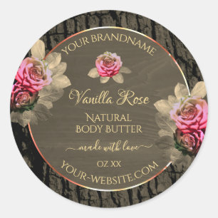 Dark Brown Wood Grain Pink Roses Produktkennzeichn Runder Aufkleber