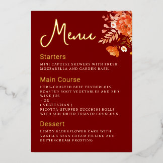 Dark Burgundy Blumenmenü Gold Foil Card Folieneinladung
