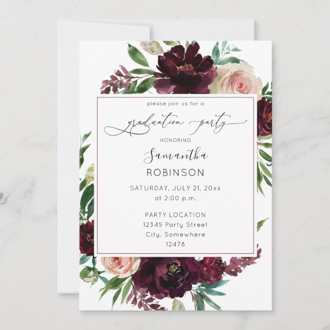 Dark Burgundy & Blush Pink Floral Graduation Party Einladung (Vorderseite)