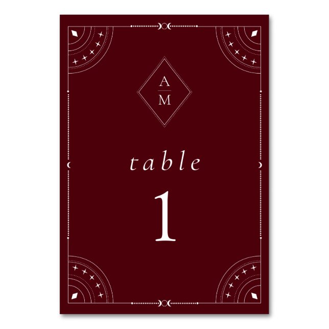 Dark Burgundy Celestial Moon & Stars Tischnummer (Vorderseite)