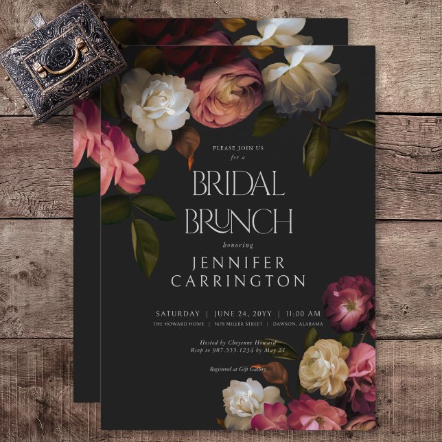 Dark Burgundy & Cream Peonies Black Bridal Brunch Einladung (Dark Burgundy & Cream Peonies Black Bridal Brunch Invitation)